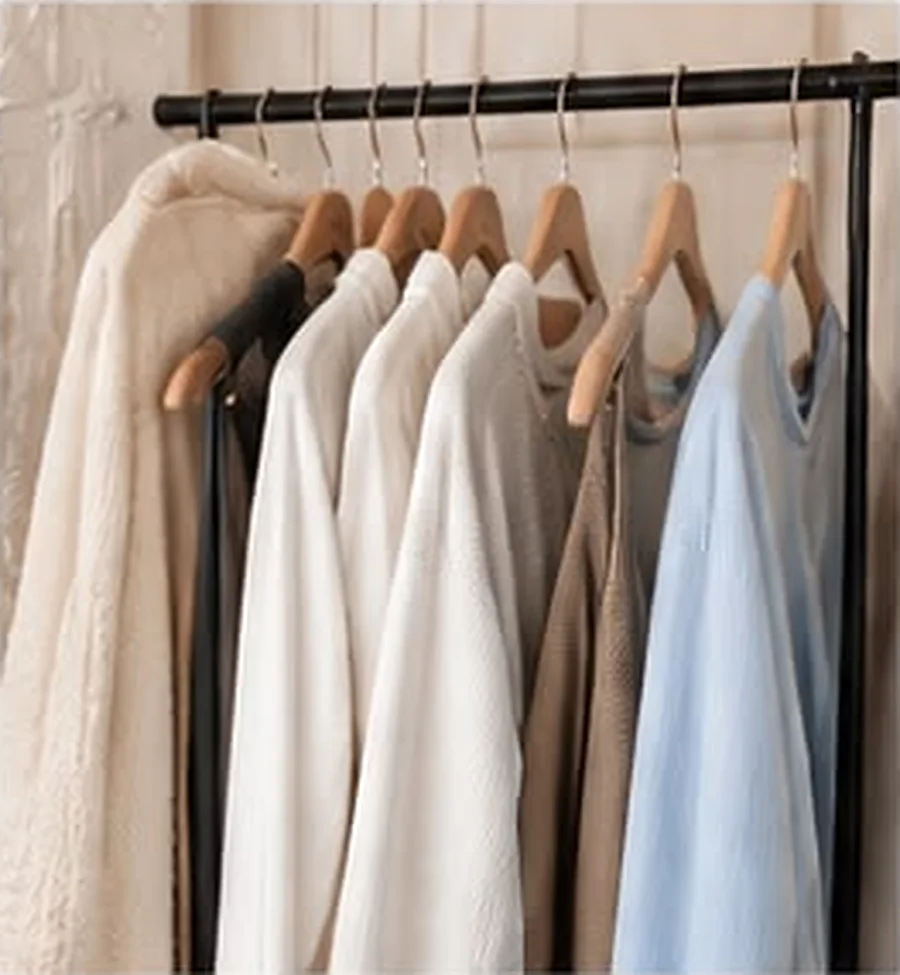 Kledingrek met truien, blouses en jassen in zachte tinten